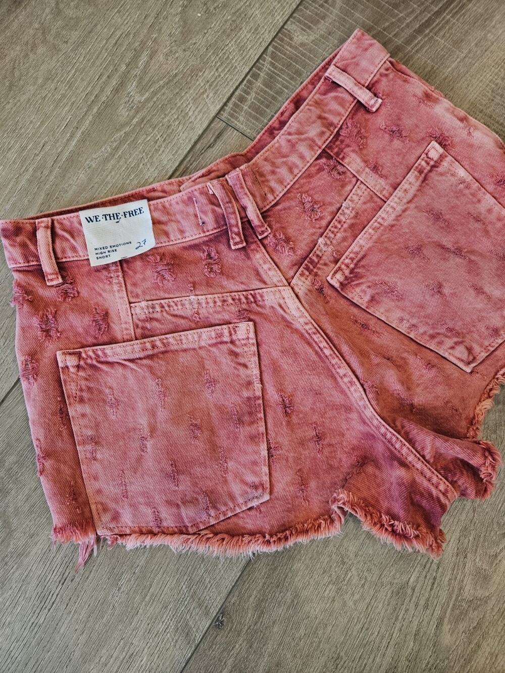 We The Free People Mixed Emotions High Rise Denim Shorts Pink Coral NWOT Size 27